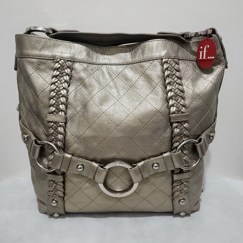 Isabella Fiore Quilted Boho Metallic Gold Leather Shoulder Tote Bag